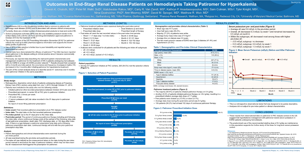 Outcomes in End-Stage Renal Disease Patients on Hemodialysis Taking Patiromer for Hyperkalemia TH-PO779 Dinesh K