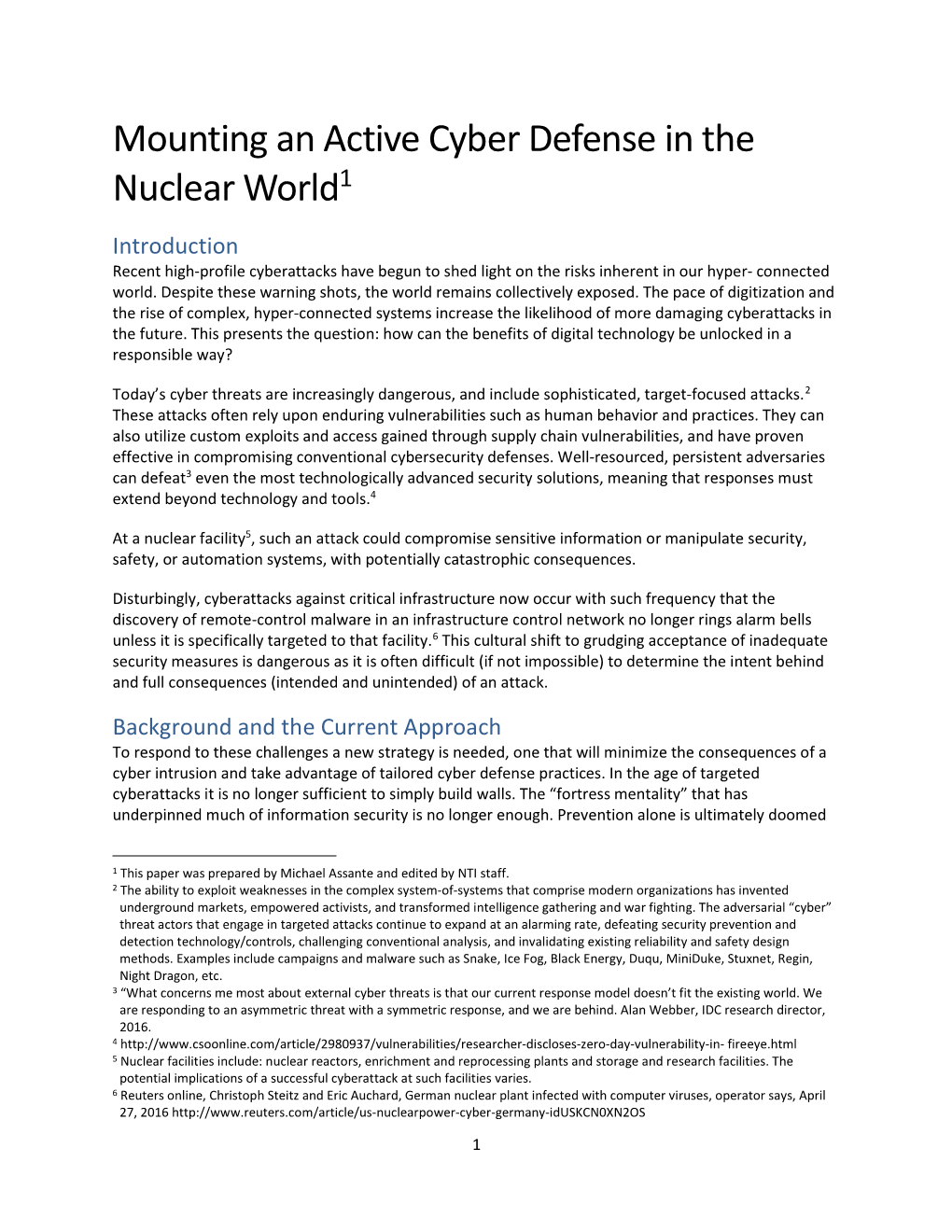 Mounting an Active Cyber Defense in the Nuclear World1