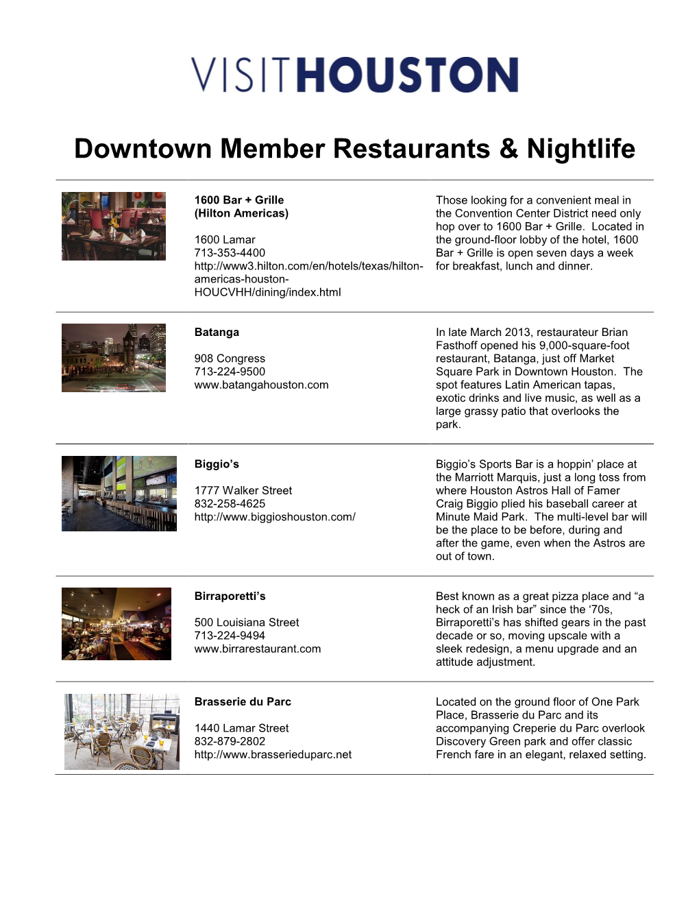 Houston's Downtown Member Restaurants