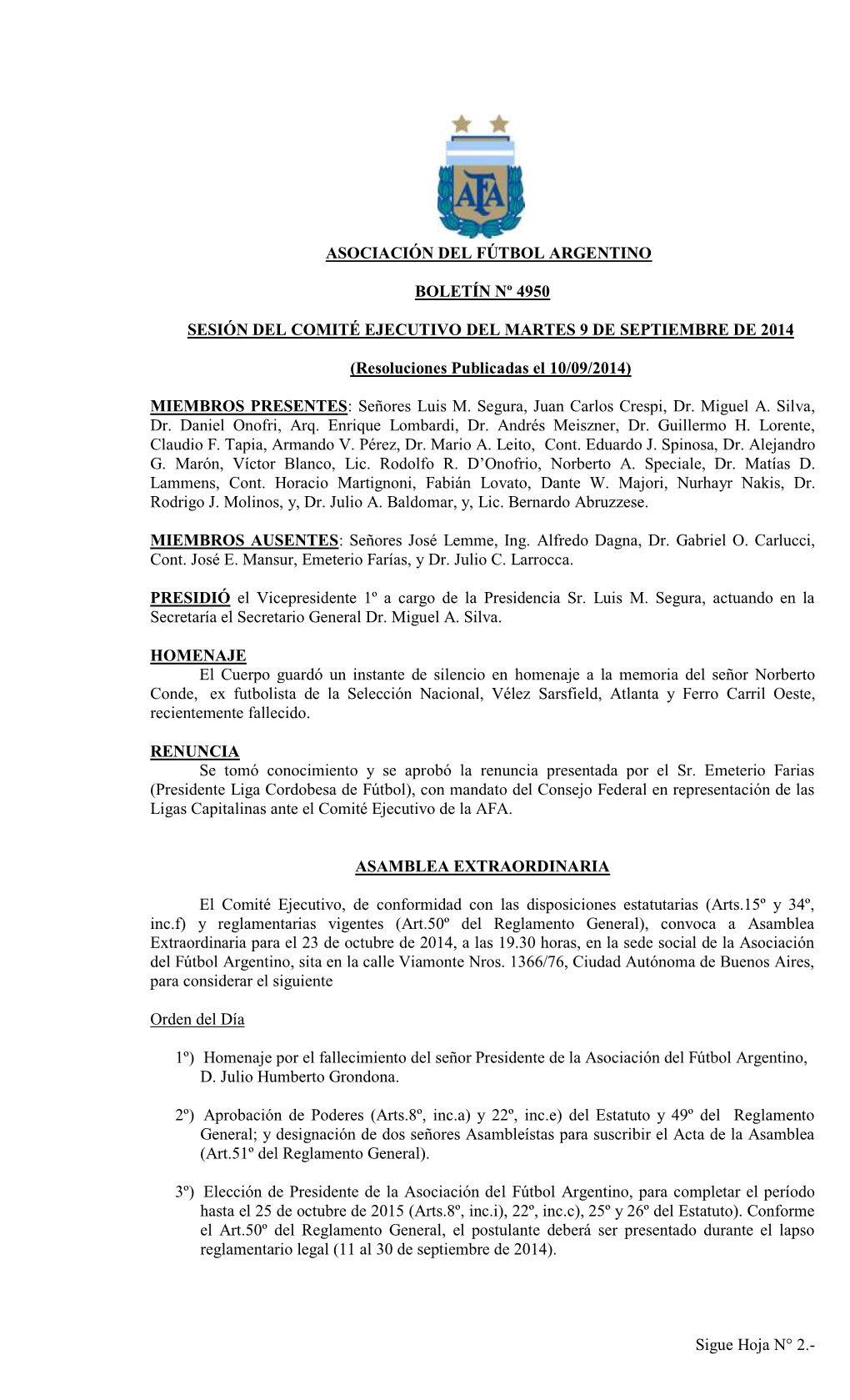 Sigue Hoja N° 2.- ASOCIACIÓN DEL FÚTBOL ARGENTINO