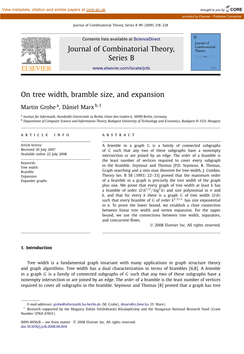 On Tree Width, Bramble Size, and Expansion