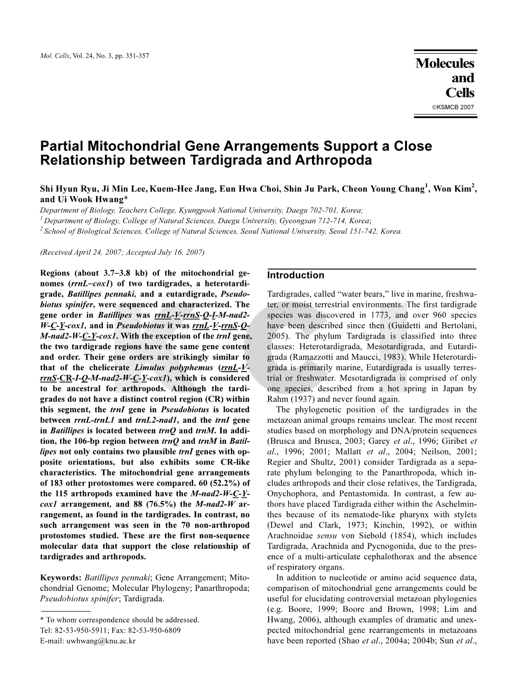 Partial Mitochondrial Gene Arrangements Support a Close Relationship Between Tardigrada and Arthropoda