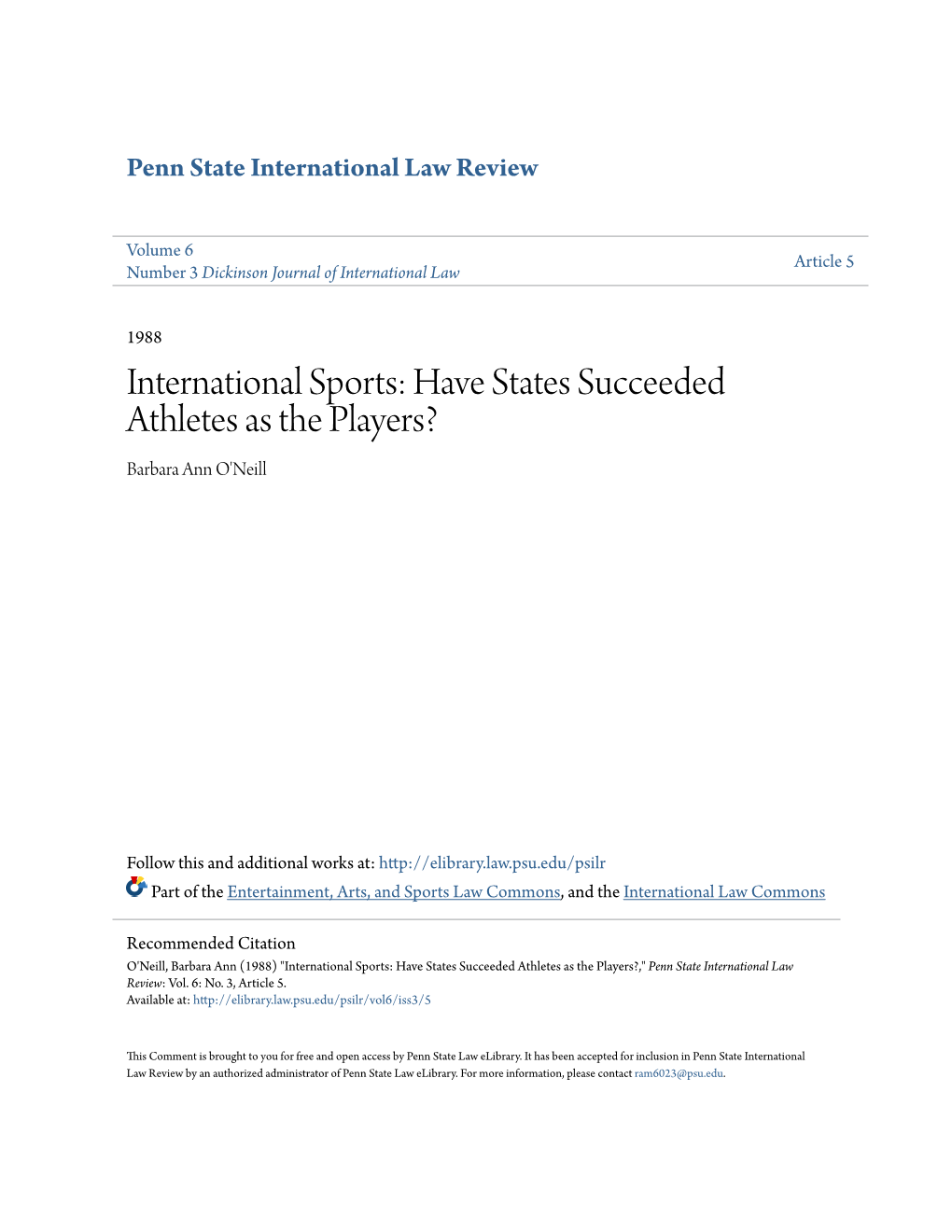 International Sports: Have States Succeeded Athletes As the Players? Barbara Ann O'neill