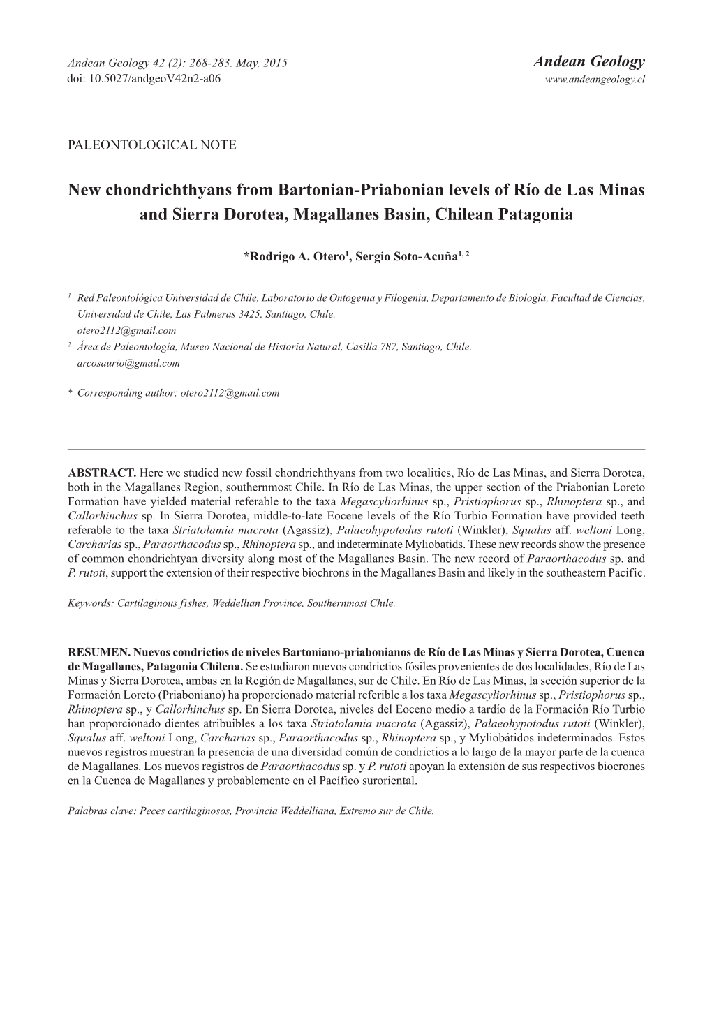 New Chondrichthyans from Bartonian-Priabonian Levels of Río De Las Minas and Sierra Dorotea, Magallanes Basin, Chilean Patagonia