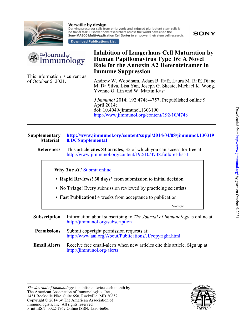 Immune Suppression Role for the Annexin A2 Heterotetramer in Human Papillomavirus Type 16: a Novel Inhibition of Langerhans Cell