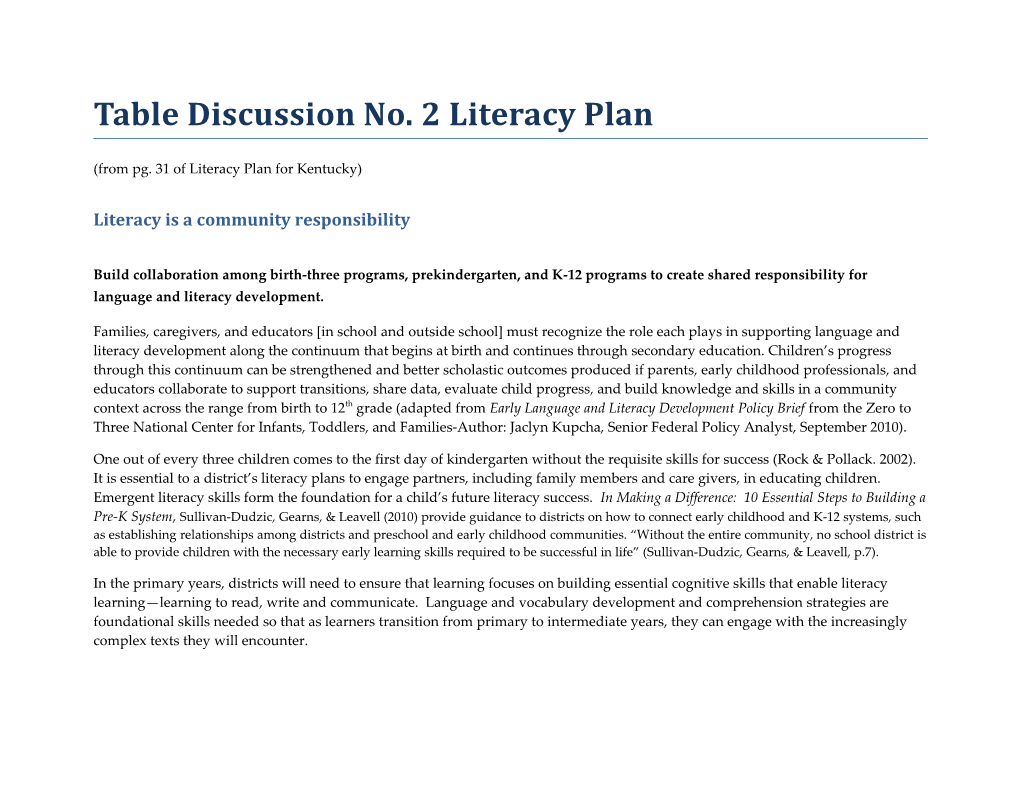 Table Discussion No. 2 Literacy Plan