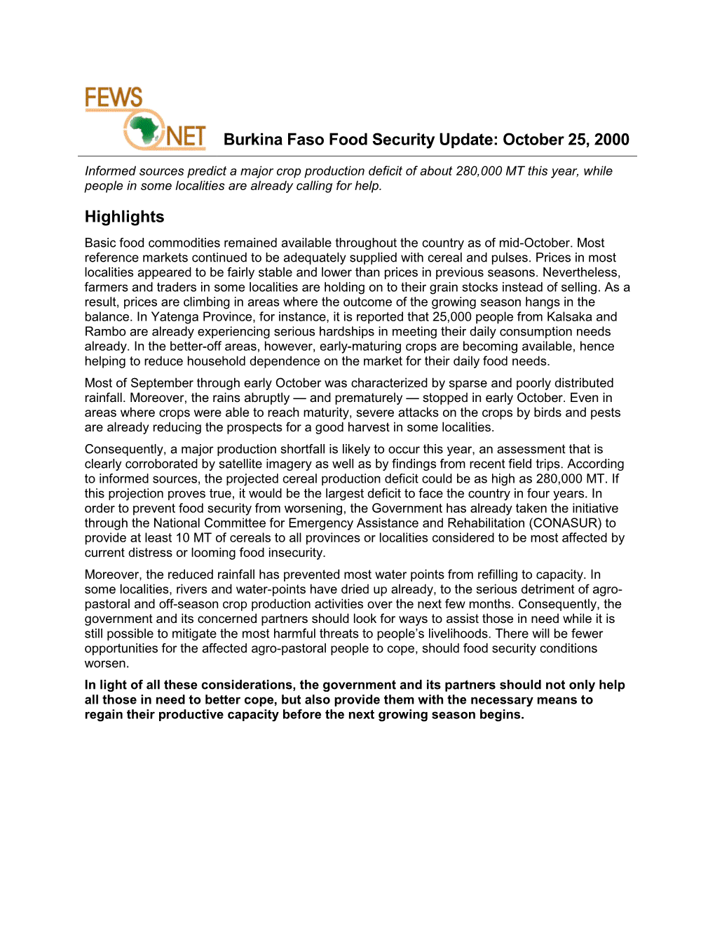 Burkina Faso Food Security Update: October 25, 2000 Highlights