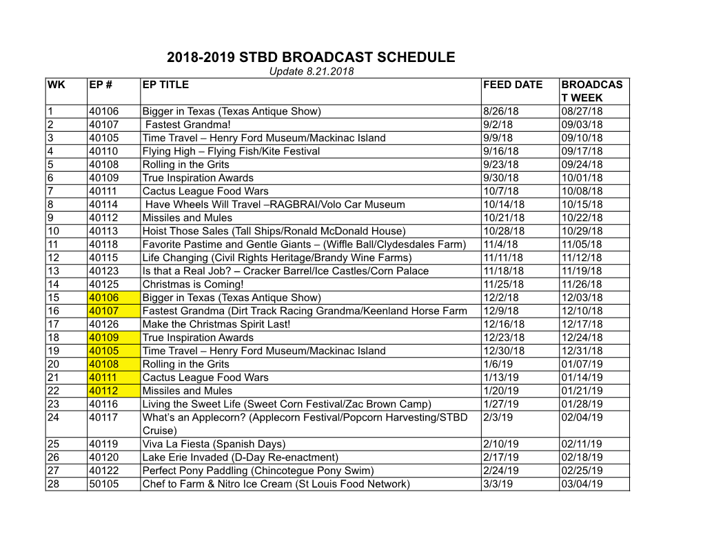 2018-2019 Stbd Broadcast Schedule