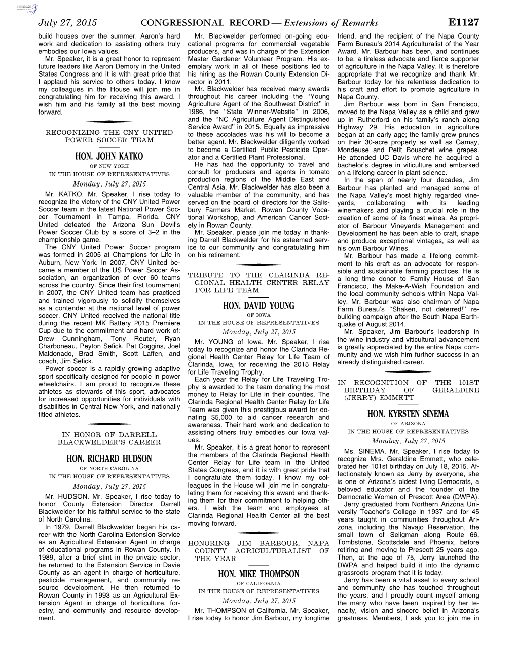 CONGRESSIONAL RECORD— Extensions of Remarks E1127 HON. JOHN KATKO HON. RICHARD HUDSON HON. DAVID YOUNG HON. MIKE THOMPSON HON