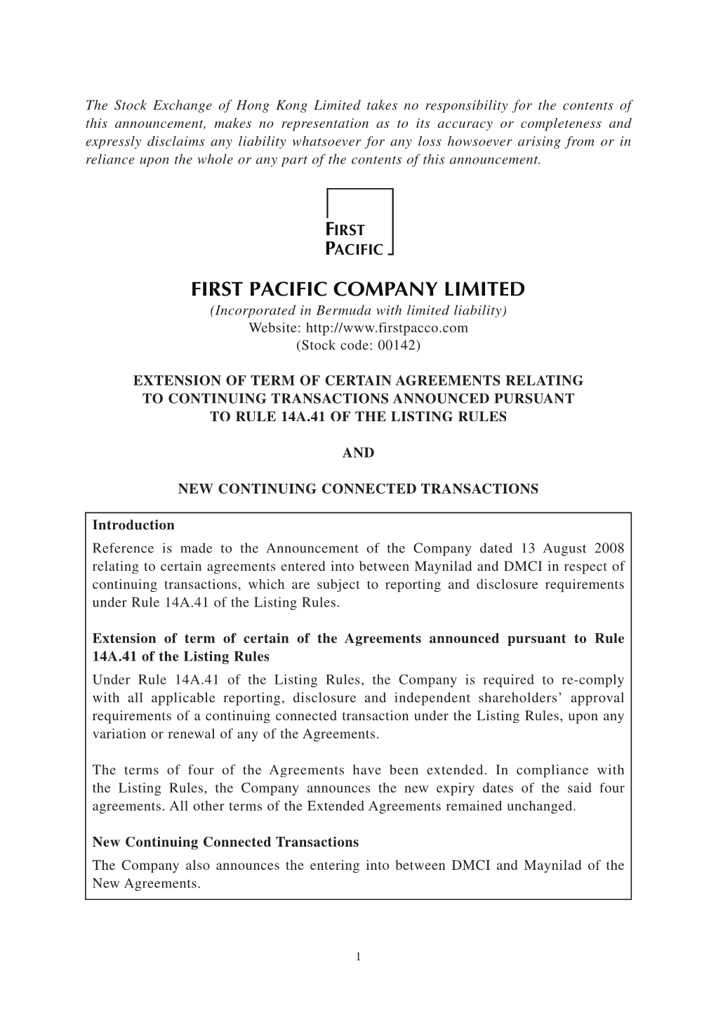 Extension of Term of Certain Agreements Relating to Continuing Transactions Announced Pursuant to Rule 14A.41 of the Listing Rules