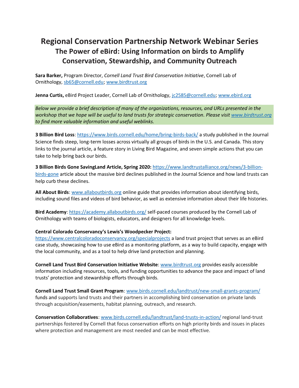 Regional Conservation Partnership Network Webinar Series the Power of Ebird: Using Information on Birds to Amplify Conservation, Stewardship, and Community Outreach