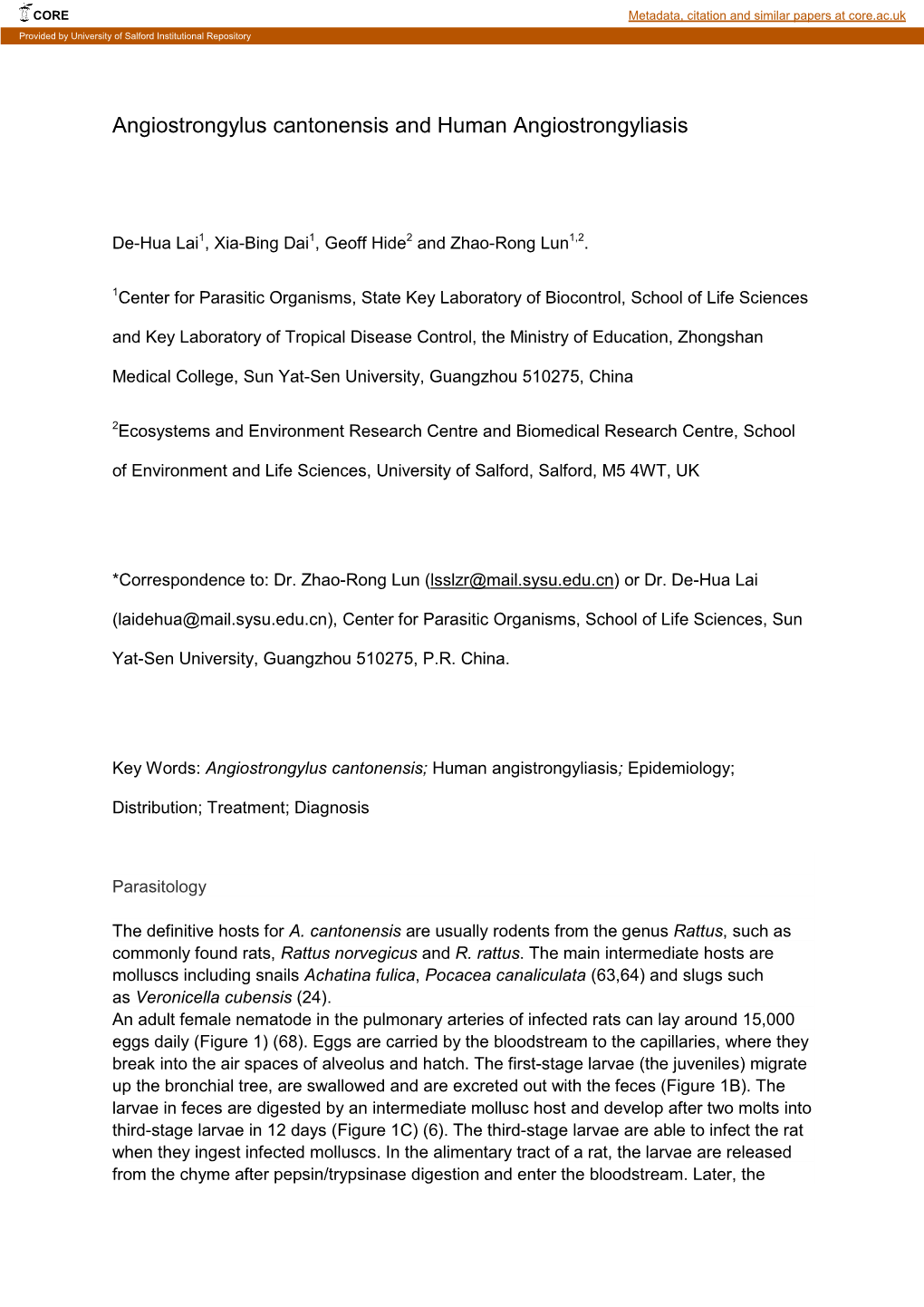 Angiostrongylus Cantonensis and Human Angiostrongyliasis