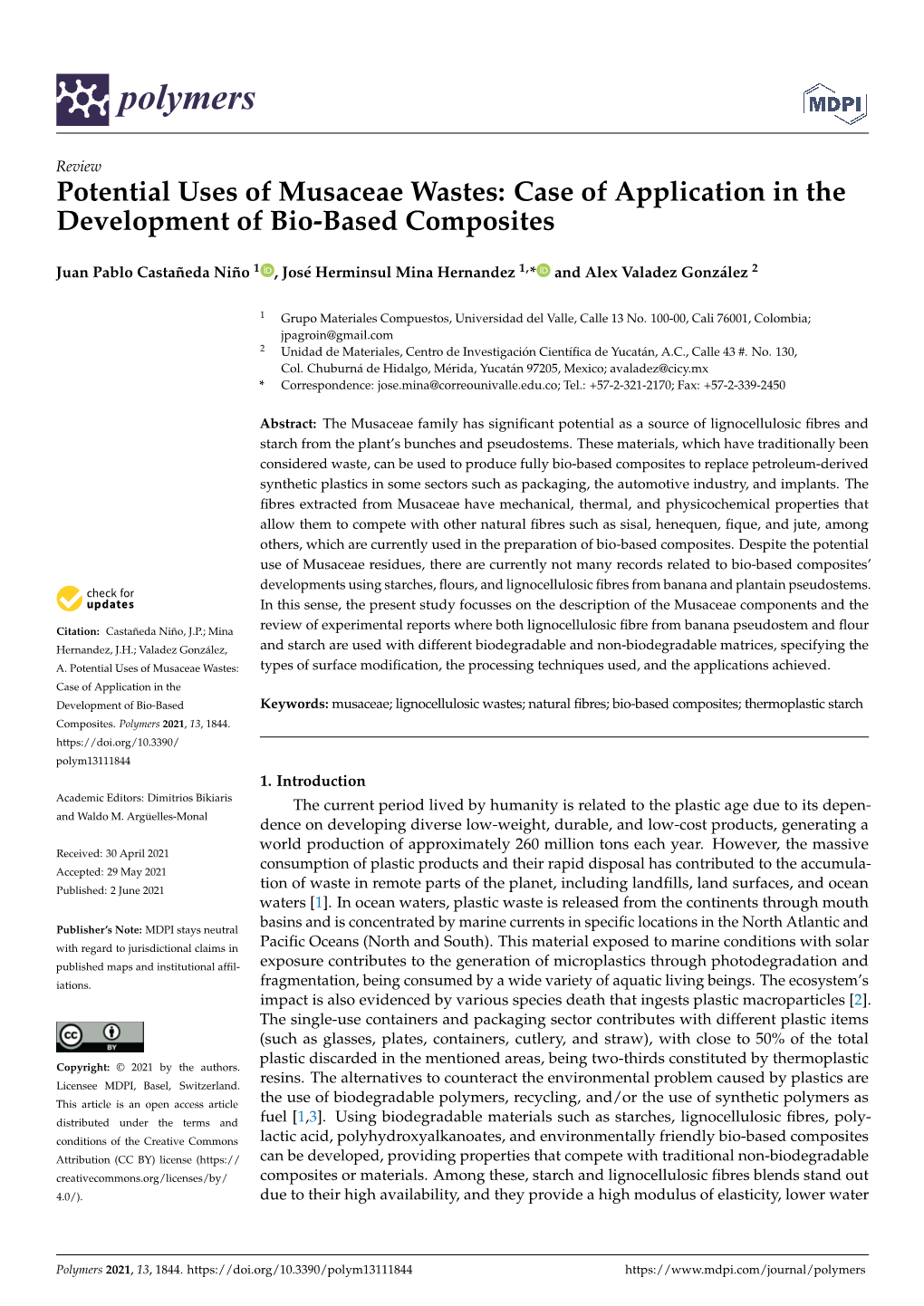 Potential Uses of Musaceae Wastes: Case of Application in the Development of Bio-Based Composites