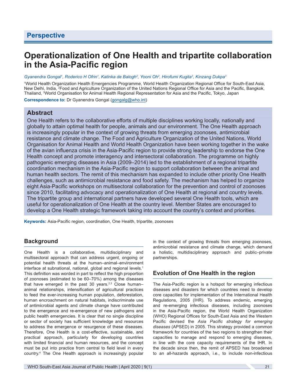 Operationalization of One Health and Tripartite Collaboration in the Asia-Pacific Region