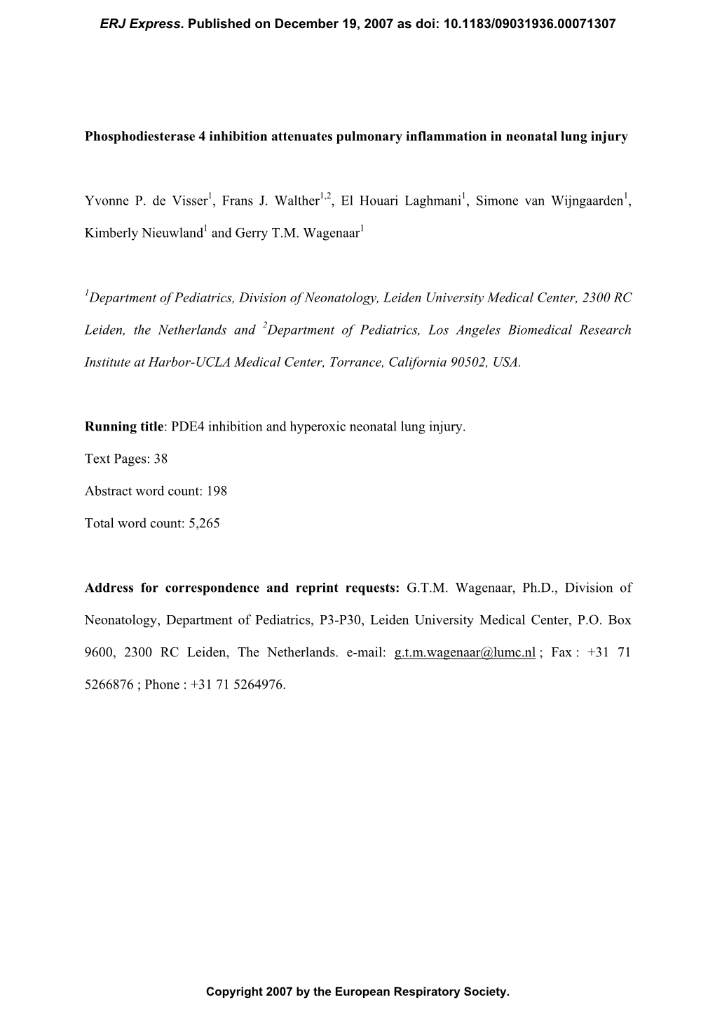 Phosphodiesterase 4 Inhibition Attenuates Pulmonary Inflammation in Neonatal Lung Injury