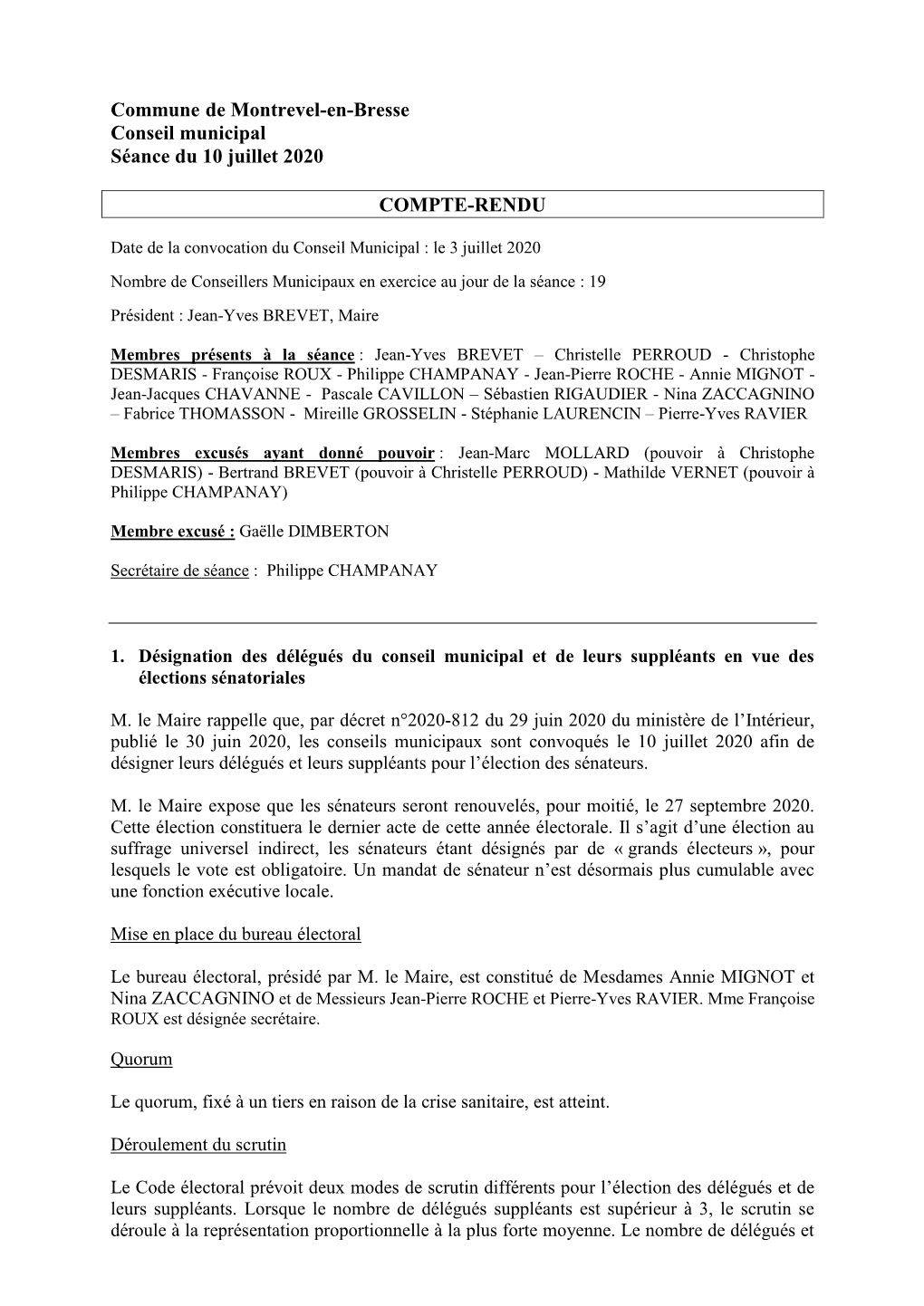 Commune De Montrevel-En-Bresse Conseil Municipal Séance Du 10 Juillet 2020