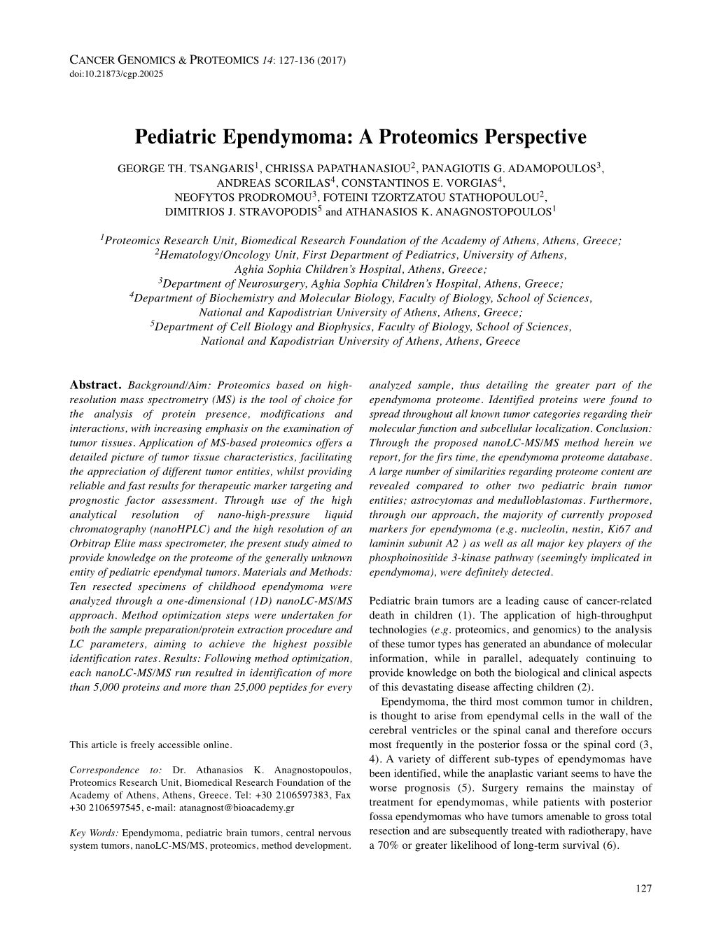 Pediatric Ependymoma: a Proteomics Perspective GEORGE TH