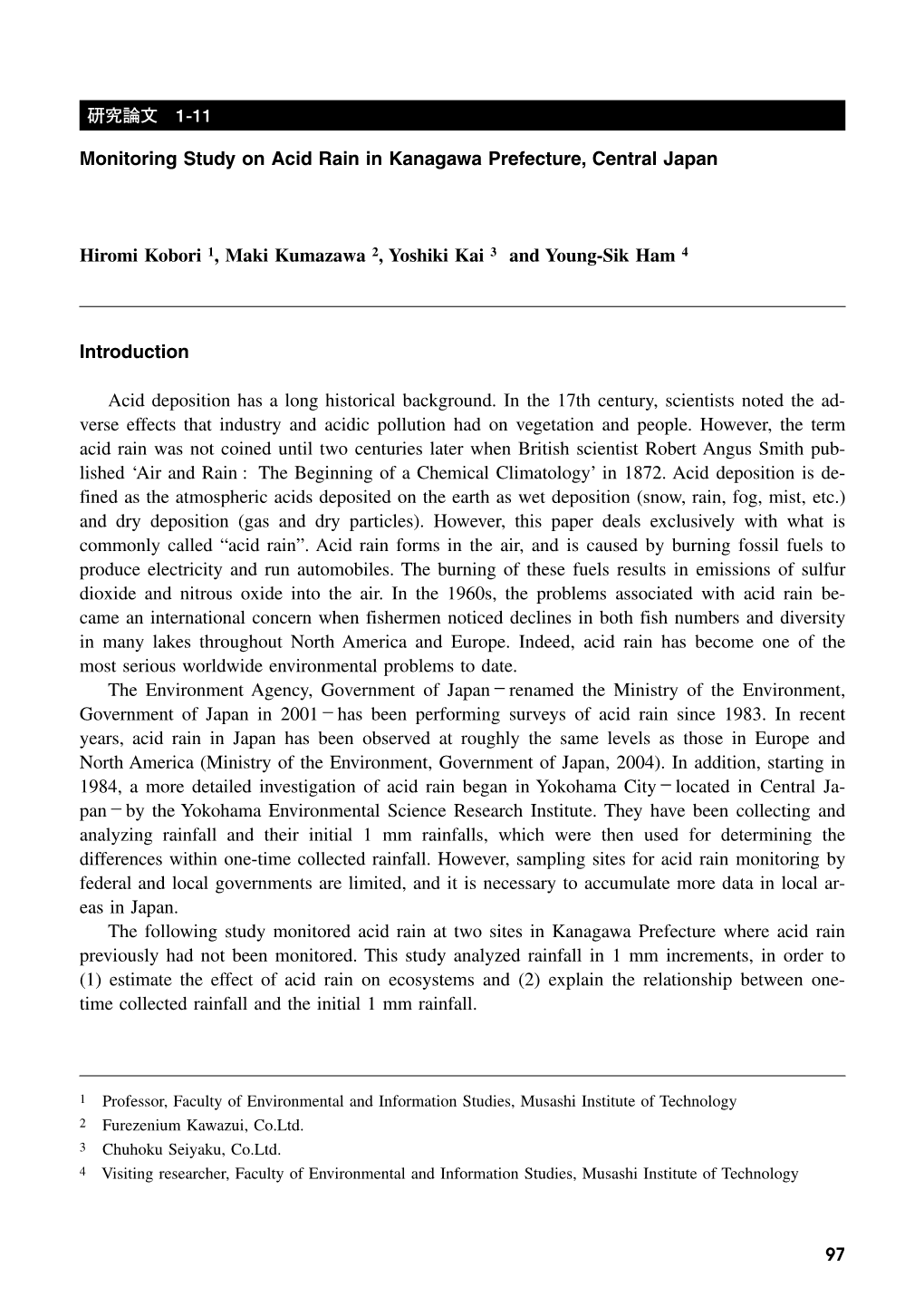 Monitoring Study on Acid Rain in Kanagawa Prefecture, Central Japan