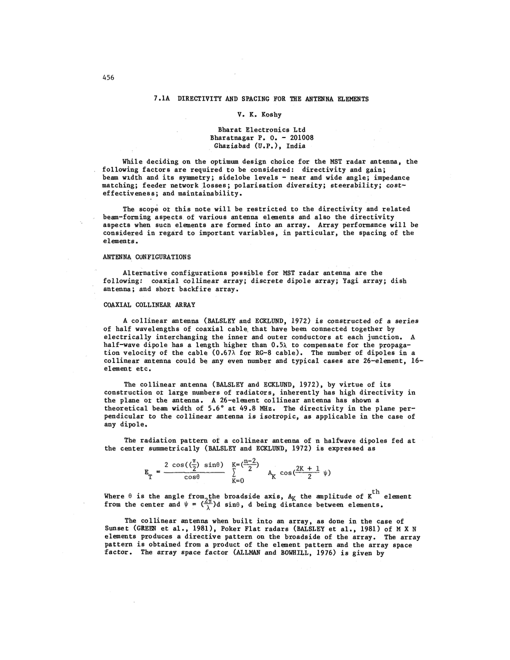 7.1A DIRECTIVITY and SPACING for the ANTENNA ELEMENTS Bharat Electronics Ltd Bharatnagar P. 0