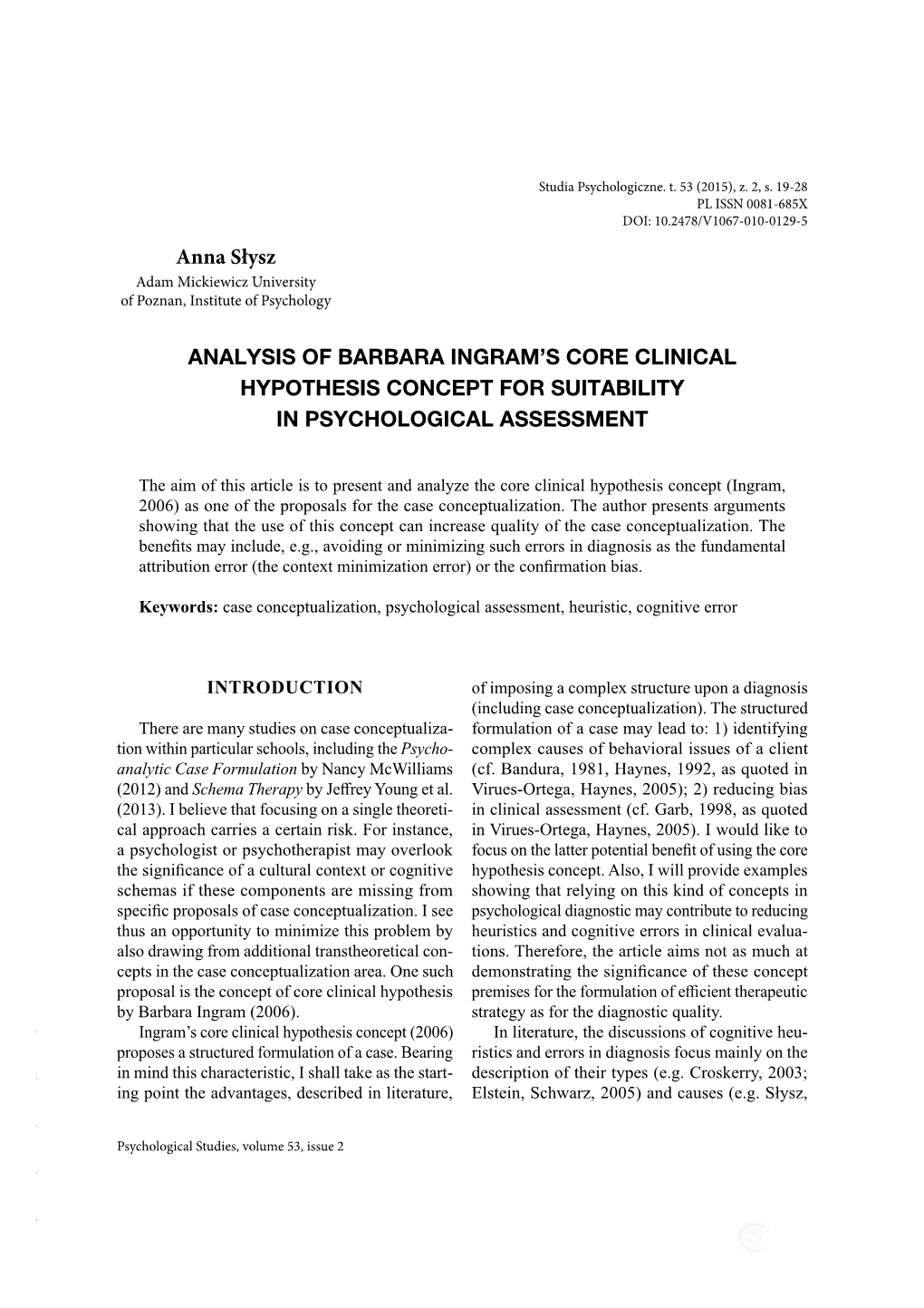 Anna Słysz ANALYSIS of BARBARA INGRAM's CORE CLINICAL