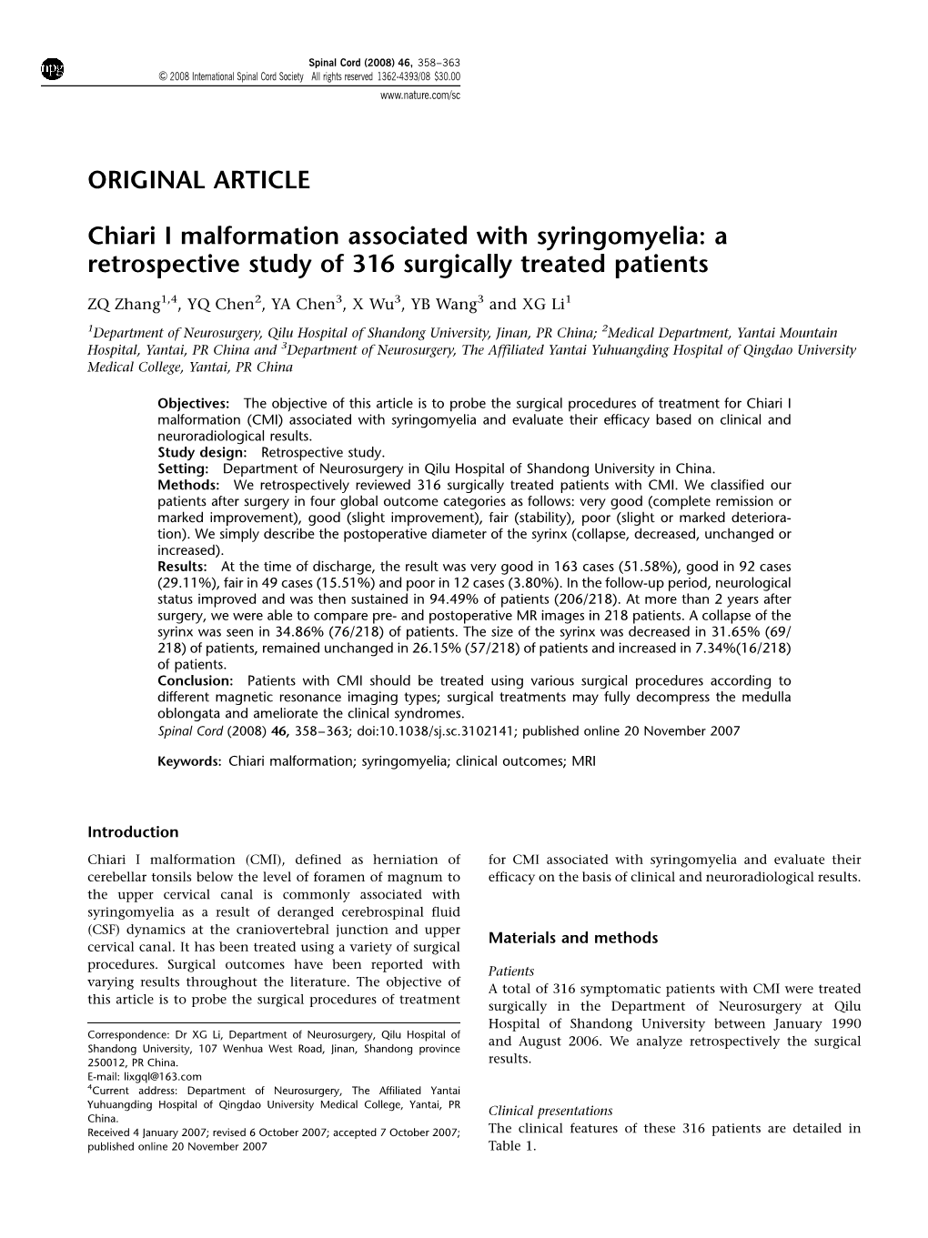 Chiari I Malformation Associated with Syringomyelia: a Retrospective Study of 316 Surgically Treated Patients