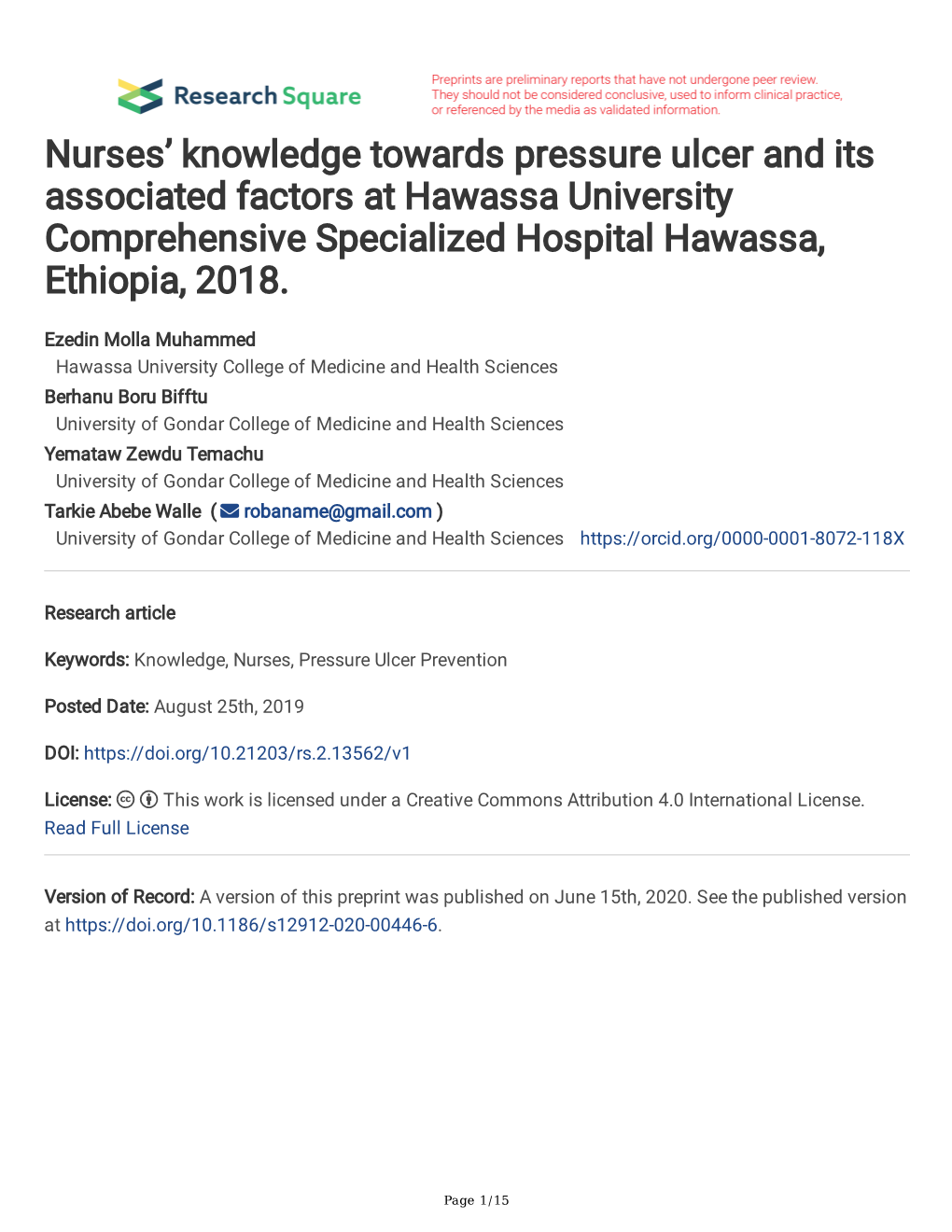 Nurses' Knowledge Towards Pressure Ulcer and Its Associated Factors At