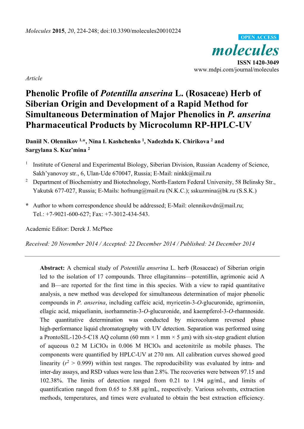 Phenolic Profile of Potentilla Anserina L