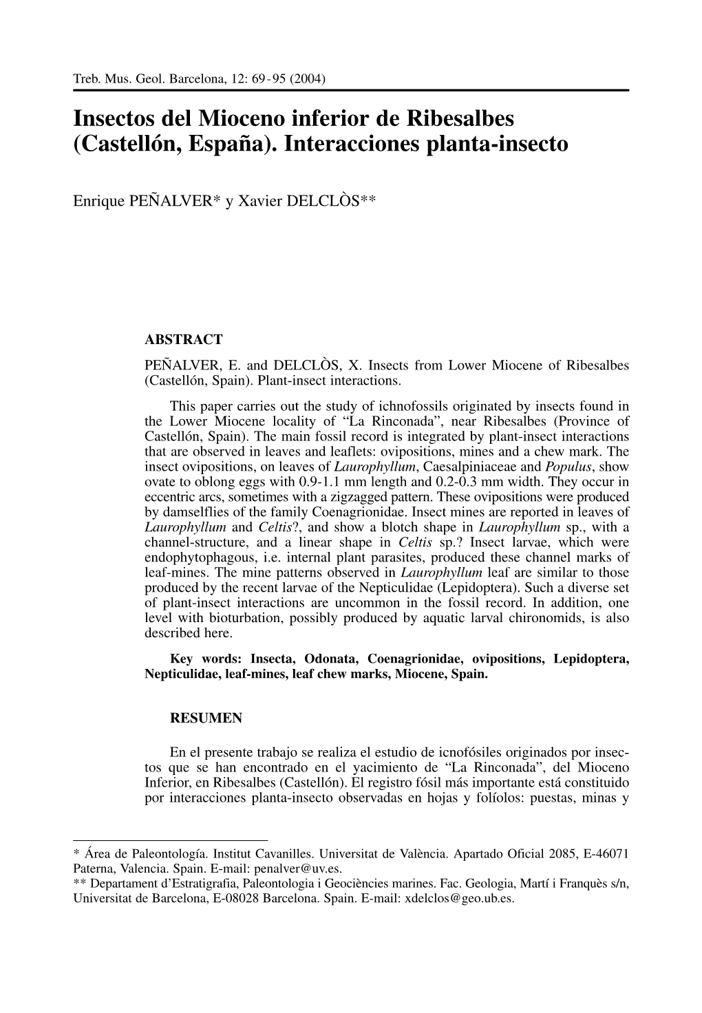 Insectos Del Mioceno Inferior De Ribesalbes (Castellón, España). Interacciones Planta-Insecto