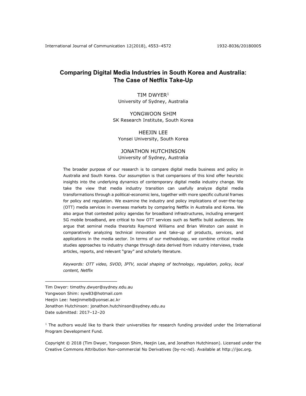 Comparing Digital Media Industries in South Korea and Australia: the Case of Netflix Take-Up