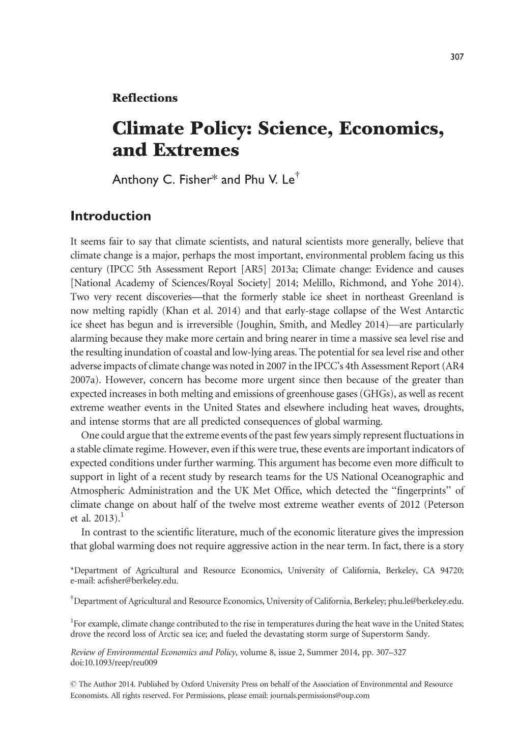 Climate Policy: Science, Economics, and Extremes Anthony C