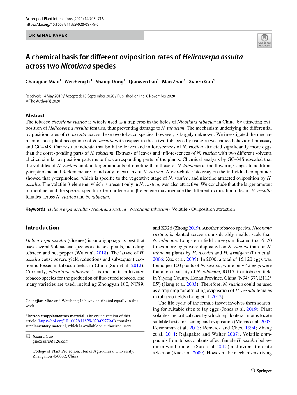 A Chemical Basis for Different Oviposition Rates of Helicoverpa