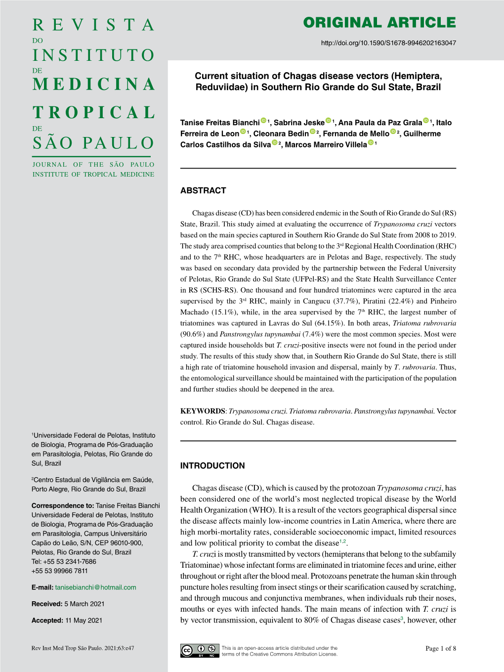 Current Situation of Chagas Disease Vectors (Hemiptera, Reduviidae) in Southern Rio Grande Do Sul State, Brazil