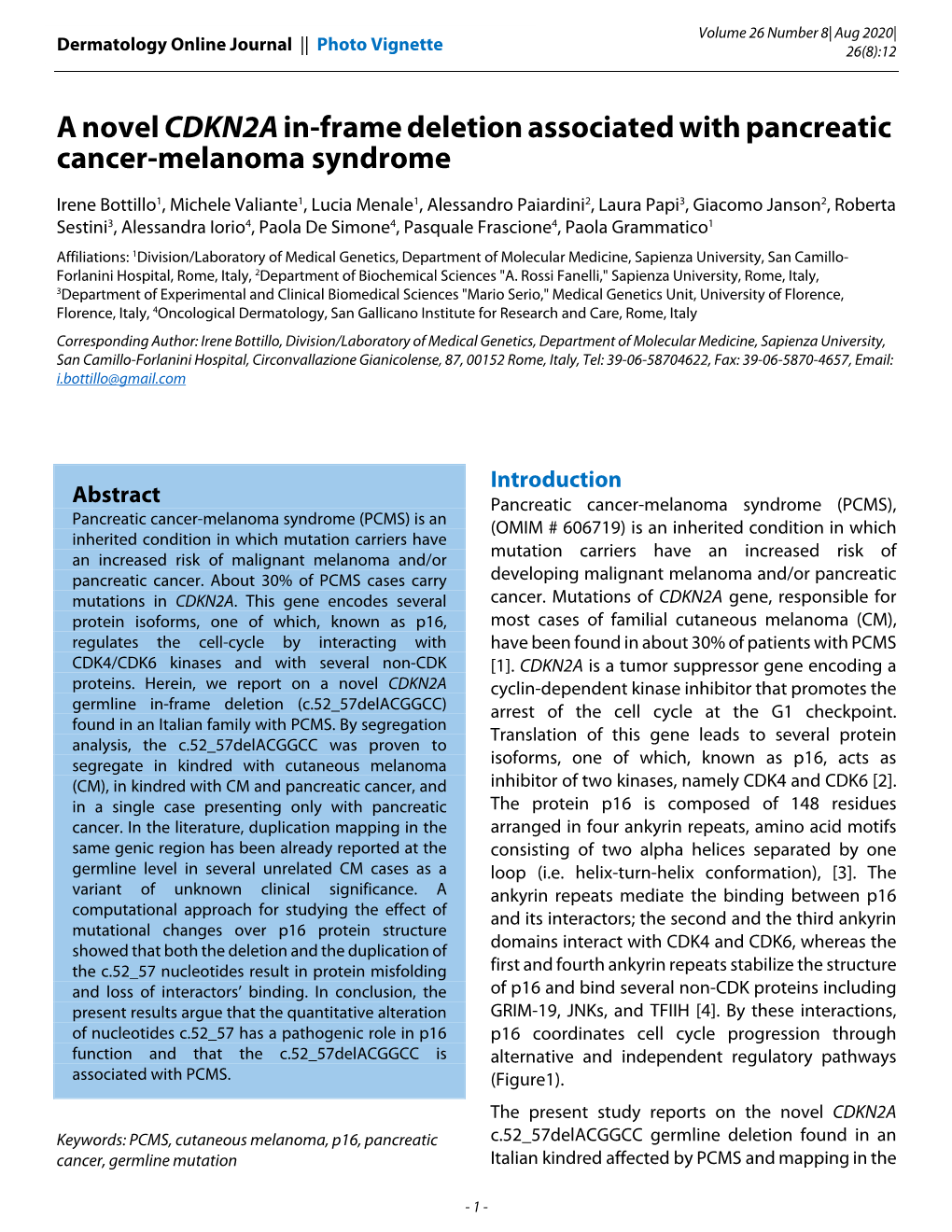 A Novel Cdkn2ain-Frame Deletion Associated with Pancreatic Cancer