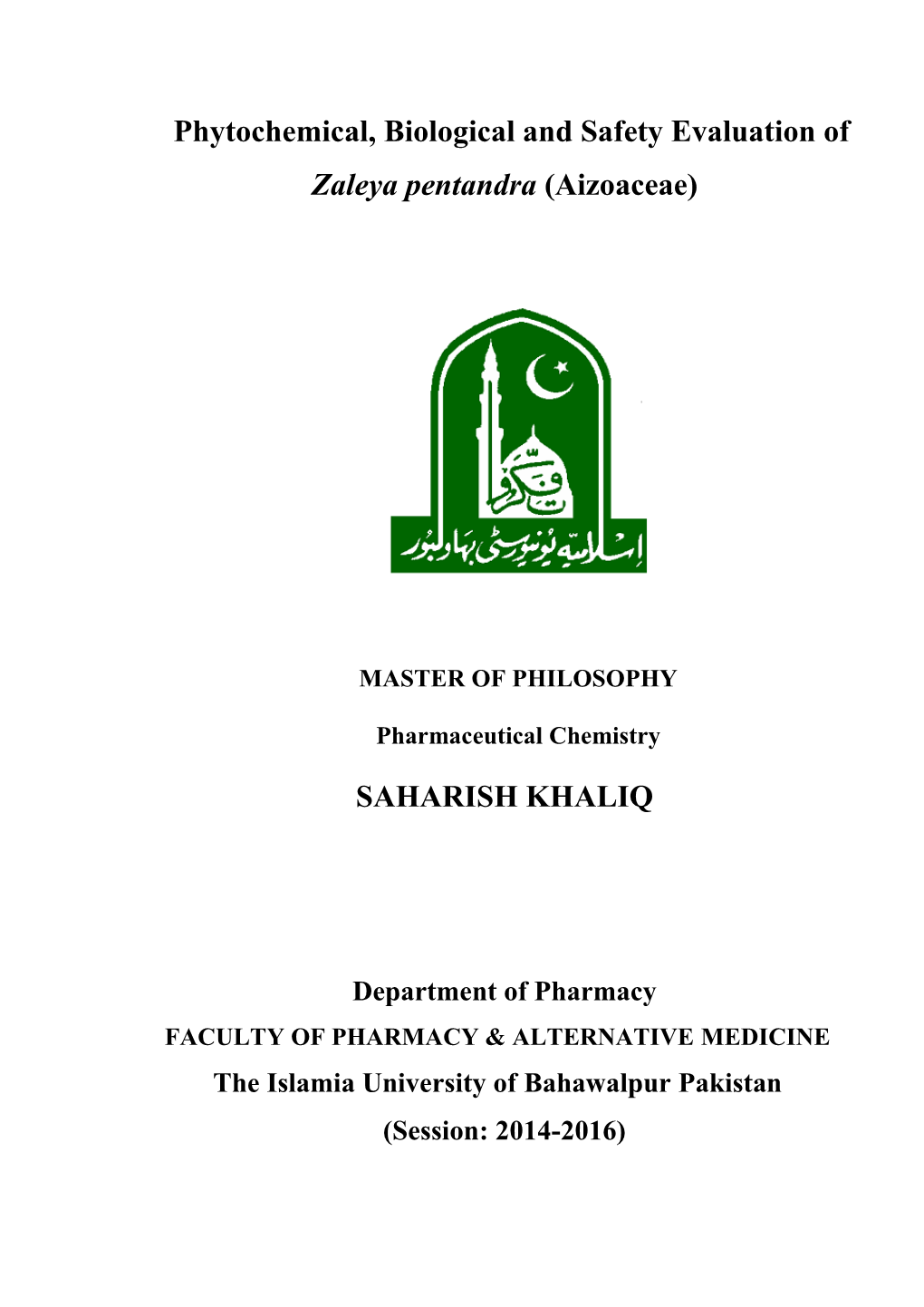 Phytochemical, Biological and Safety Evaluation of Zaleya Pentandra (Aizoaceae)