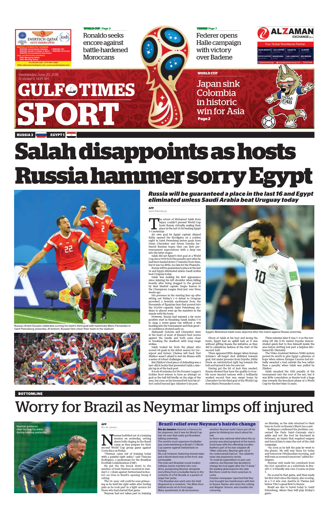 Salah Disappoints As Hosts Russia Hammer Sorry Egypt Russia Will Be Guaranteed a Place in the Last 16 and Egypt Eliminated Unless Saudi Arabia Beat Uruguay Today