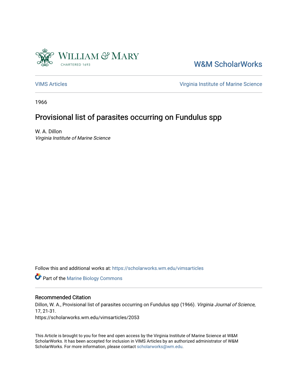 Provisional List of Parasites Occurring on Fundulus Spp