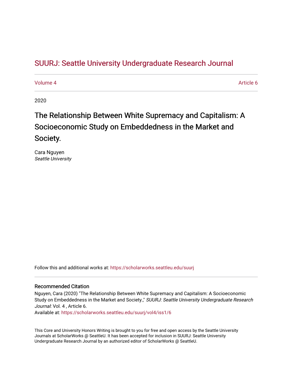 The Relationship Between White Supremacy and Capitalism: a Socioeconomic Study on Embeddedness in the Market and Society