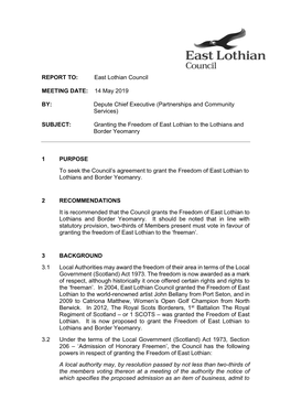 REPORT TO: East Lothian Council MEETING DATE: 14 May 2019 BY