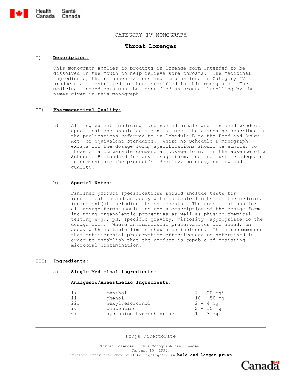 CATEGORY IV MONOGRAPH Throat Lozenges