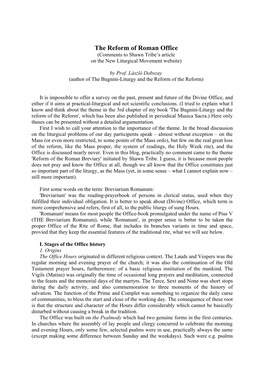 The Reform of Roman Office (Comments to Shawn Tribe’S Article on the New Liturgical Movement Website)