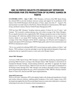 Nbc Olympics Selects Its Broadcast Intercom Provider for Its Production of Olympic Games in Tokyo