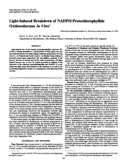 Light-Hduced Breakdown of NADPH-Protochlorophyllide Oxidoreductase in Vitro' Received for Publication October 13, 1982 and in Revised Form January 14, 1983