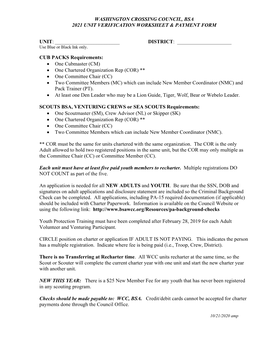 Washington Crossing Council, Bsa 2021 Unit Verification Worksheet & Payment Form