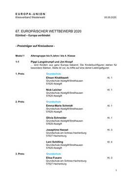 67. EUROPÄISCHER WETTBEWERB 2020 Eunited – Europa Verbindet