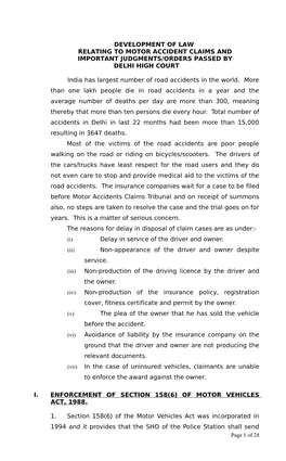 Development of Law Relating to Motor Accident Claims and Important Judgments/Orders Passed by Delhi High Court