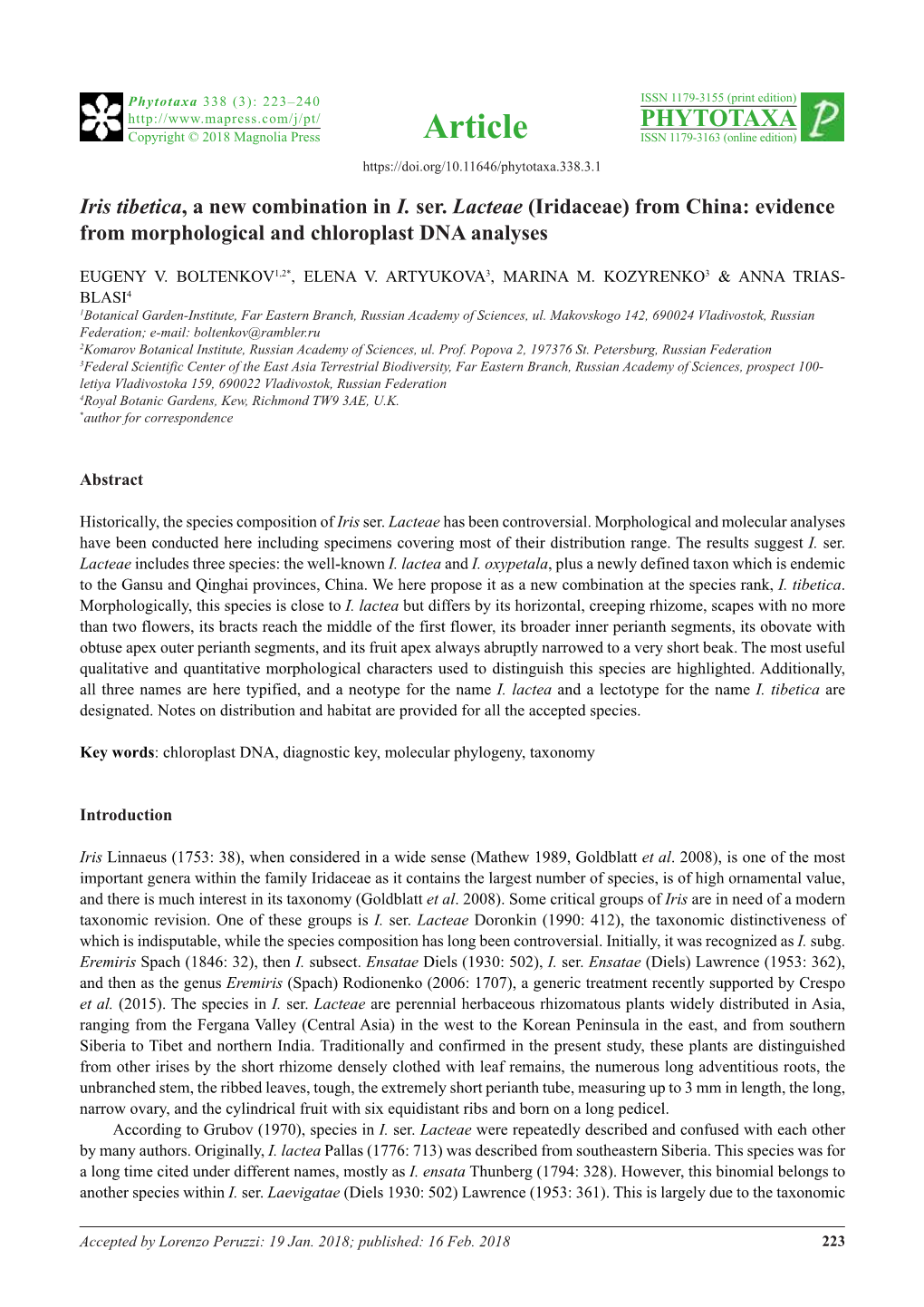 Iris Tibetica, a New Combination in I. Ser. Lacteae (Iridaceae) from China: Evidence from Morphological and Chloroplast DNA Analyses