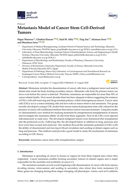 Metastasis Model of Cancer Stem Cell-Derived Tumors