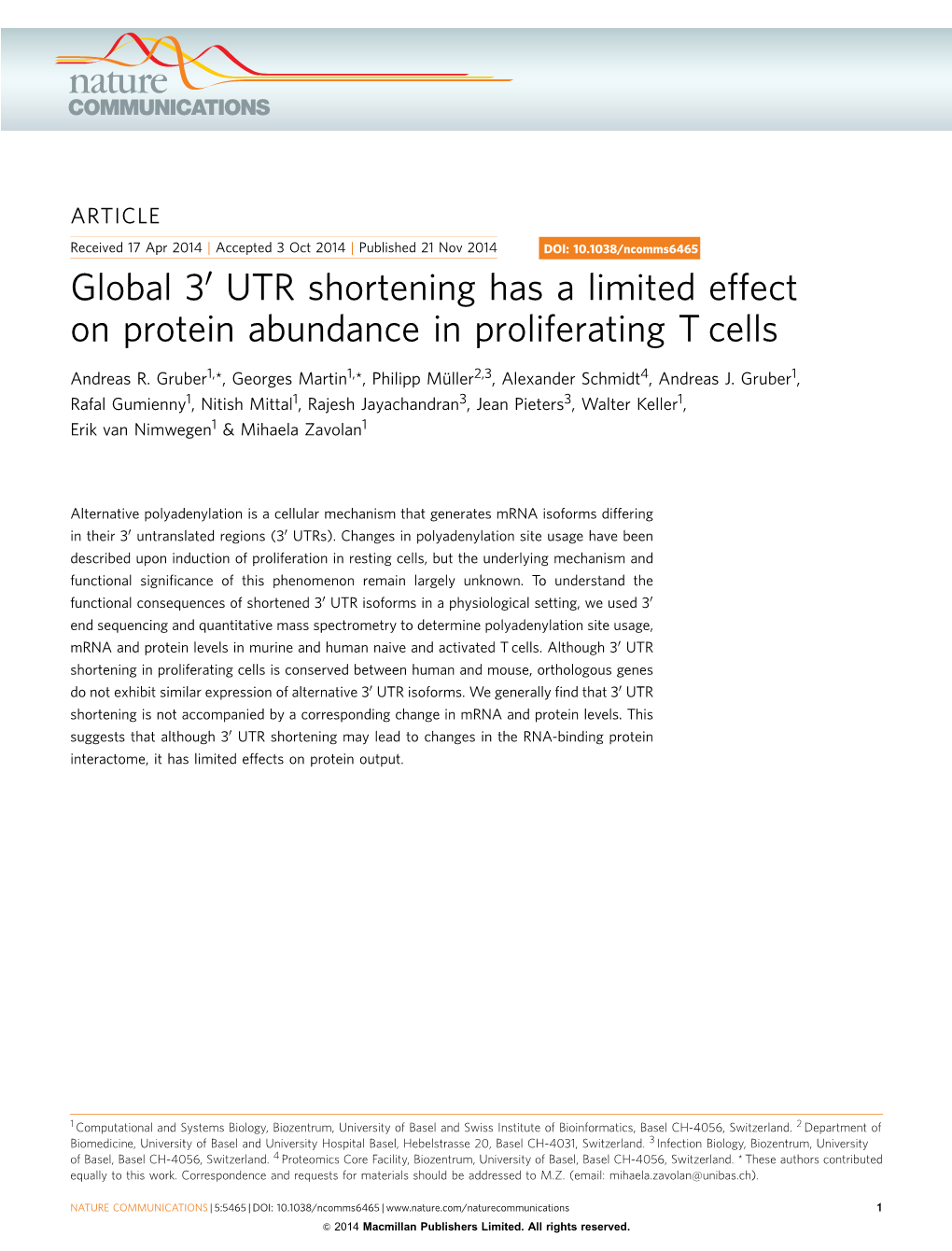 UTR Shortening Has a Limited Effect on Protein Abundance in Proliferating T Cells