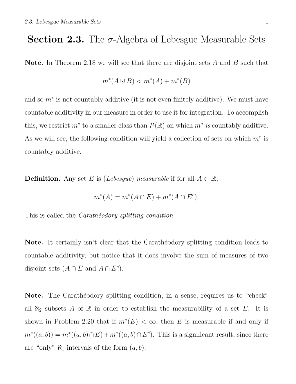 Section 2.3. the Σ-Algebra of Lebesgue Measurable Sets