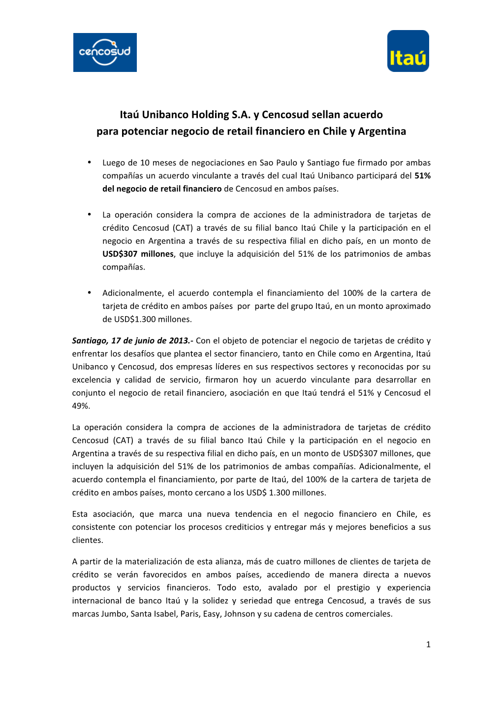 Itaú Unibanco Holding S.A. Y Cencosud Sellan Acuerdo Para Potenciar Negocio De Retail Financiero En Chile Y Argentina